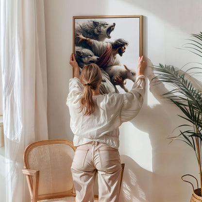 Jesus Protecting Lamb from Wolves - Canvas