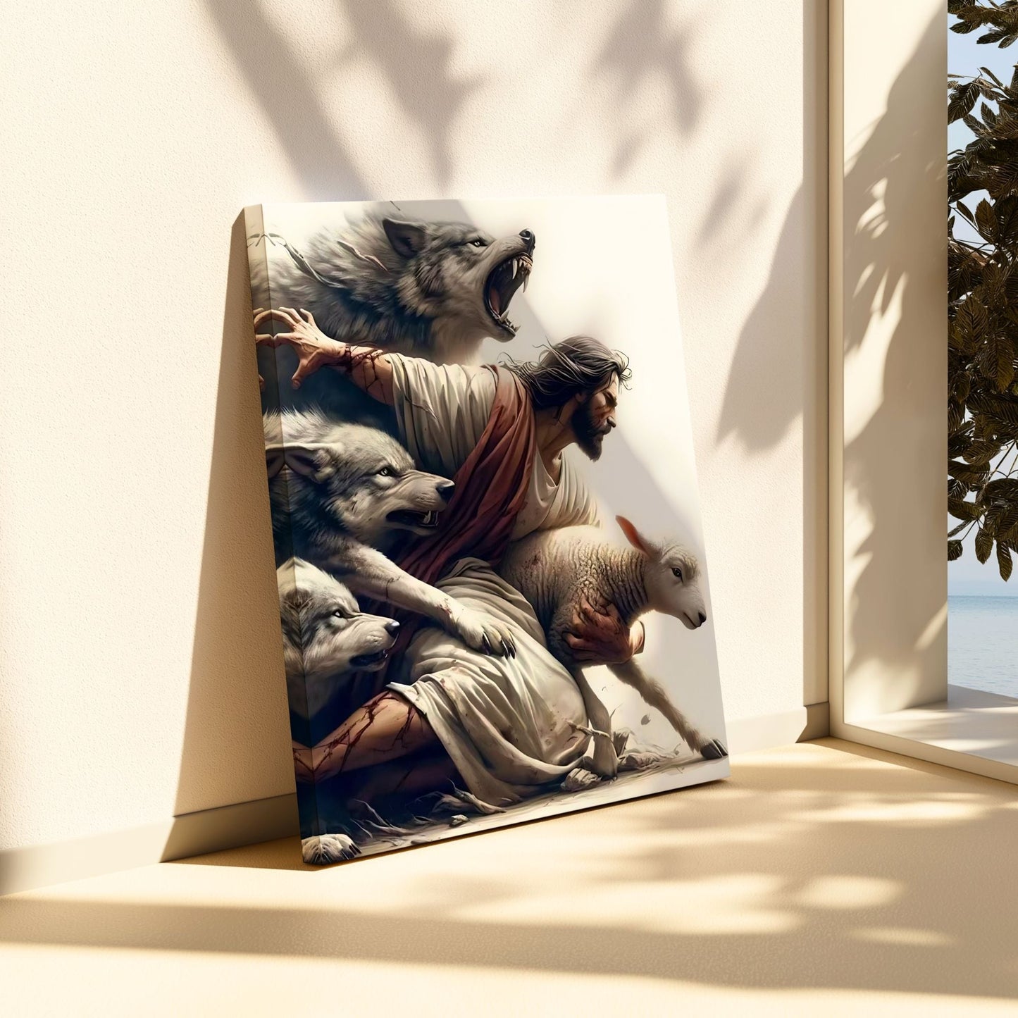 Jesus Protecting Lamb from Wolves - Canvas
