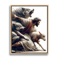 Jesus Protecting Lamb from Wolves - Canvas