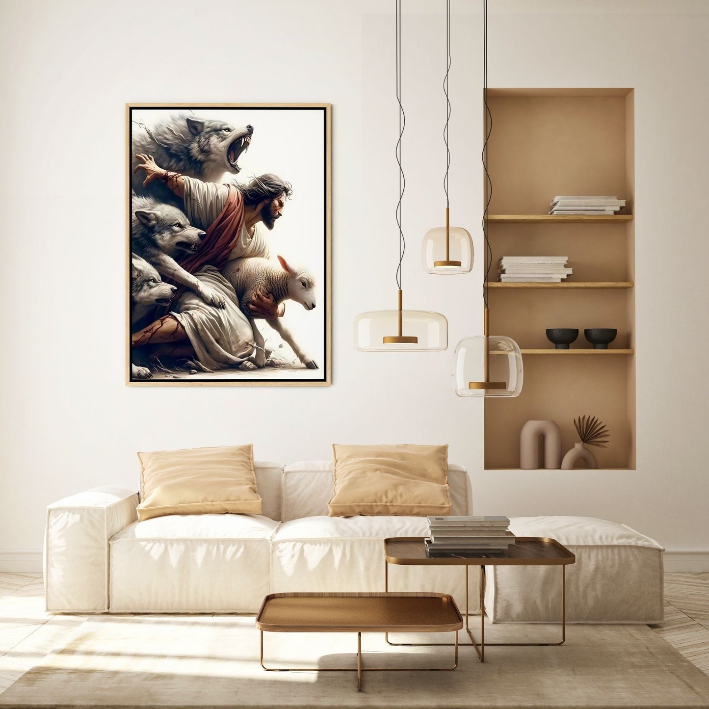 Jesus Protecting Lamb from Wolves - Canvas