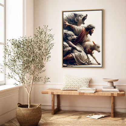 Jesus Protecting Lamb from Wolves - Canvas
